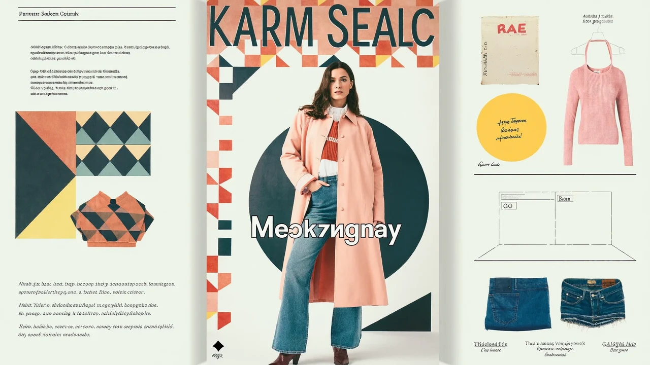 Illustrative Kampagnenszene: geschichtetes Outfit aus Jeans, Strick und Mantel vor geometrischen Farbflächen.