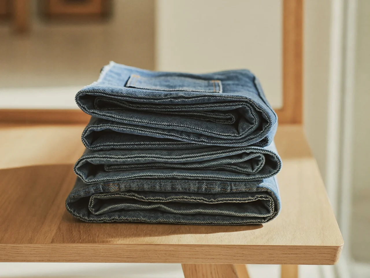 Gefaltete blaue Damenjeans auf einem hellen Eichenregal im Seitenlicht