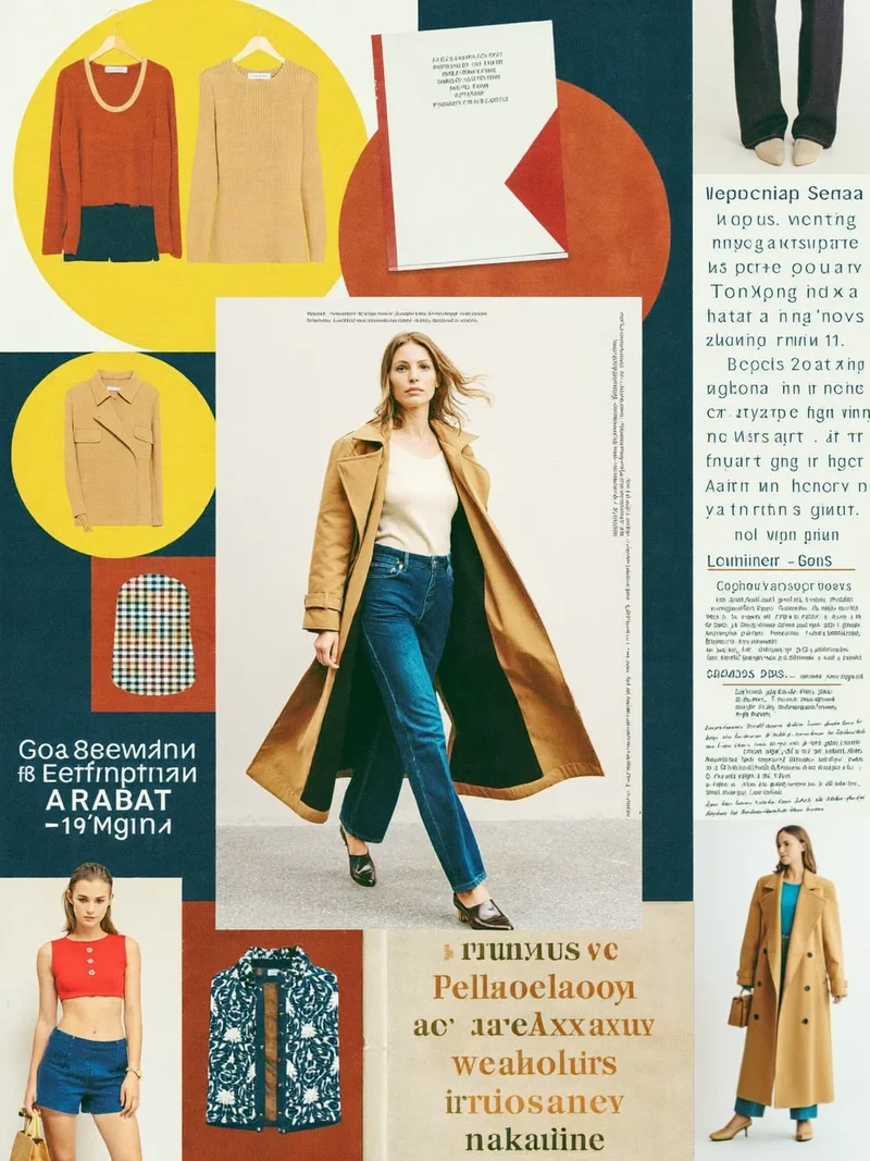 Illustration eines taillierten Trenchcoats in Camel, offen getragen im Gehen.